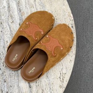 Celine Brown Suede Slide Mules with Leather Crest
